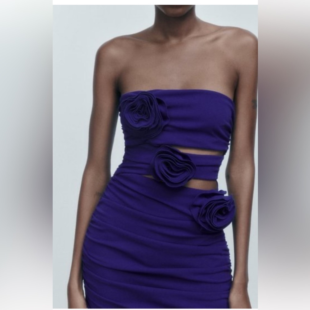 Zara Royal Purple Strapless Ruched Dress with Floral Appliqués